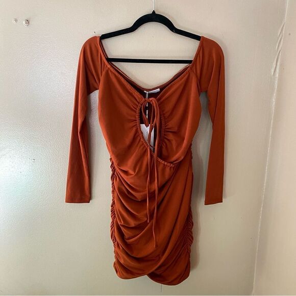 Lovers And Friends Lira Mini Dress Ginger Brown off shoulder stretch Revolve XS - Picture 7 of 9